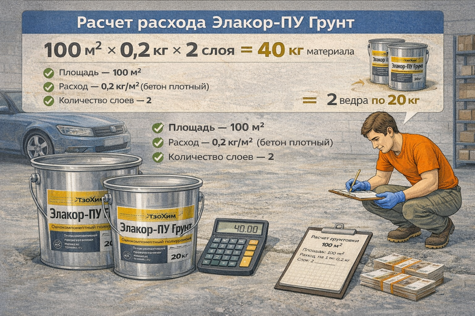 Расчет расхода Элакор-ПУ Грунт: пример для 100 м²