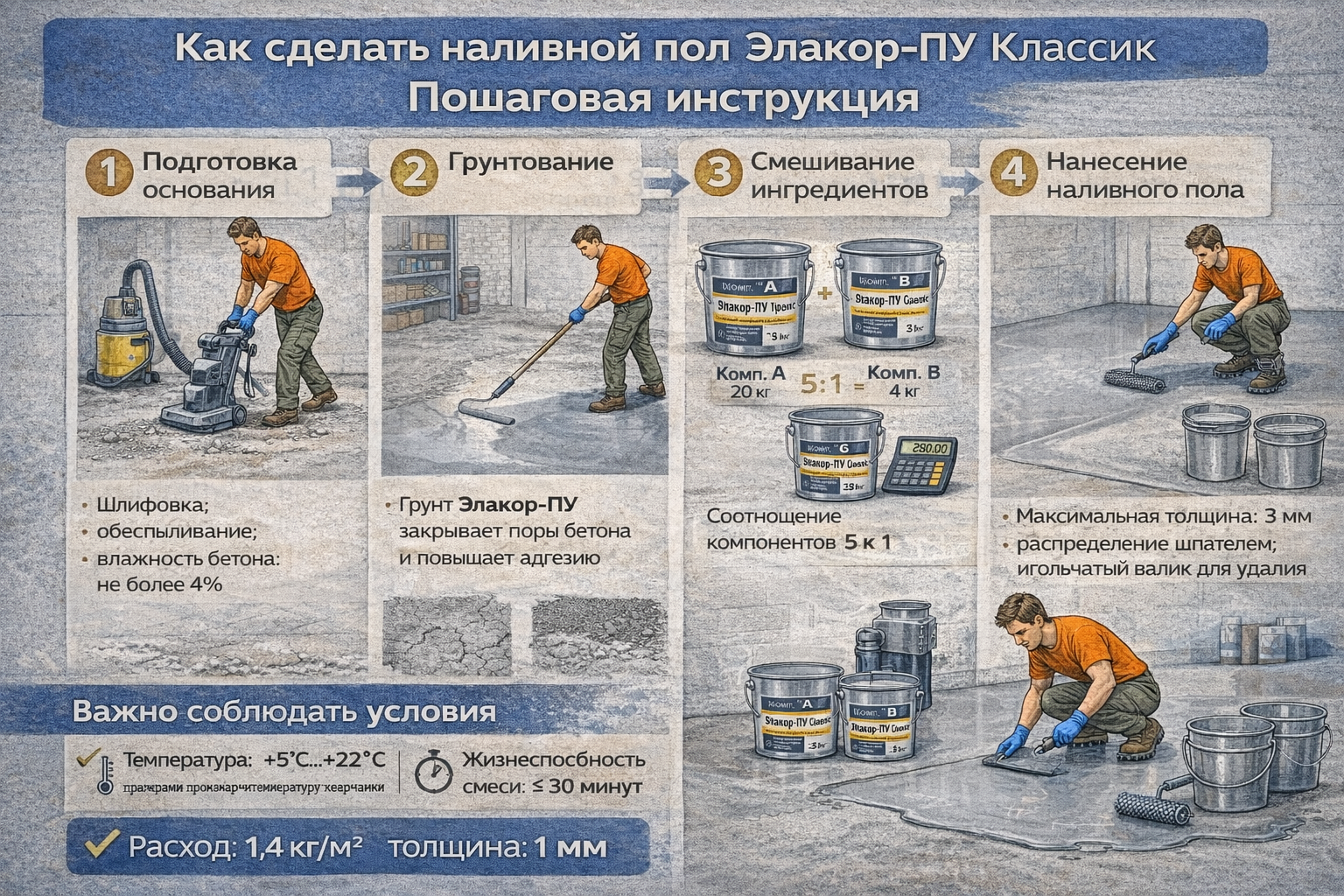 Как сделать наливной пол Элакор-ПУ Классик — пошаговая инструкция