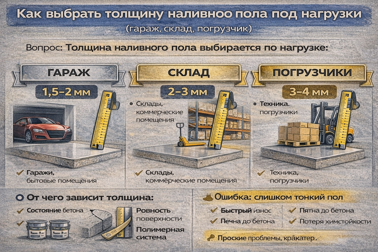 Как выбрать толщину наливного пола под нагрузки (гараж, склад, погрузчик) 